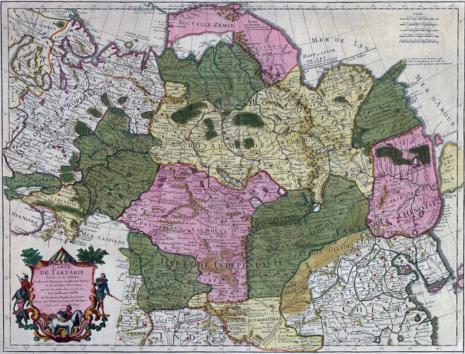 Mapa antiguo de colores del norte y el centro de Asia con regiones pintadas en verde, rosa y amarillo y un cartel decorado que dice Carte de Tartarie