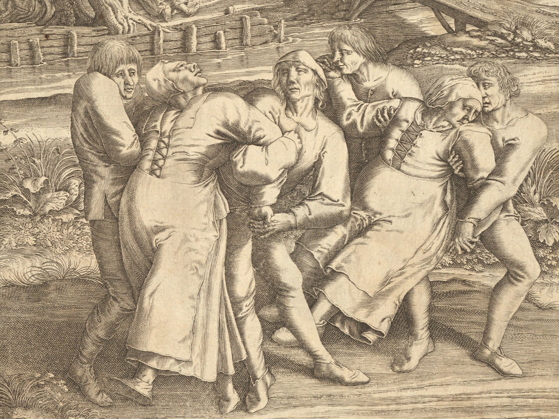 Grabado antiguo en blanco y negro: varias personas con gesto de agotamiento bailan sujetadas por otras que las acompañan