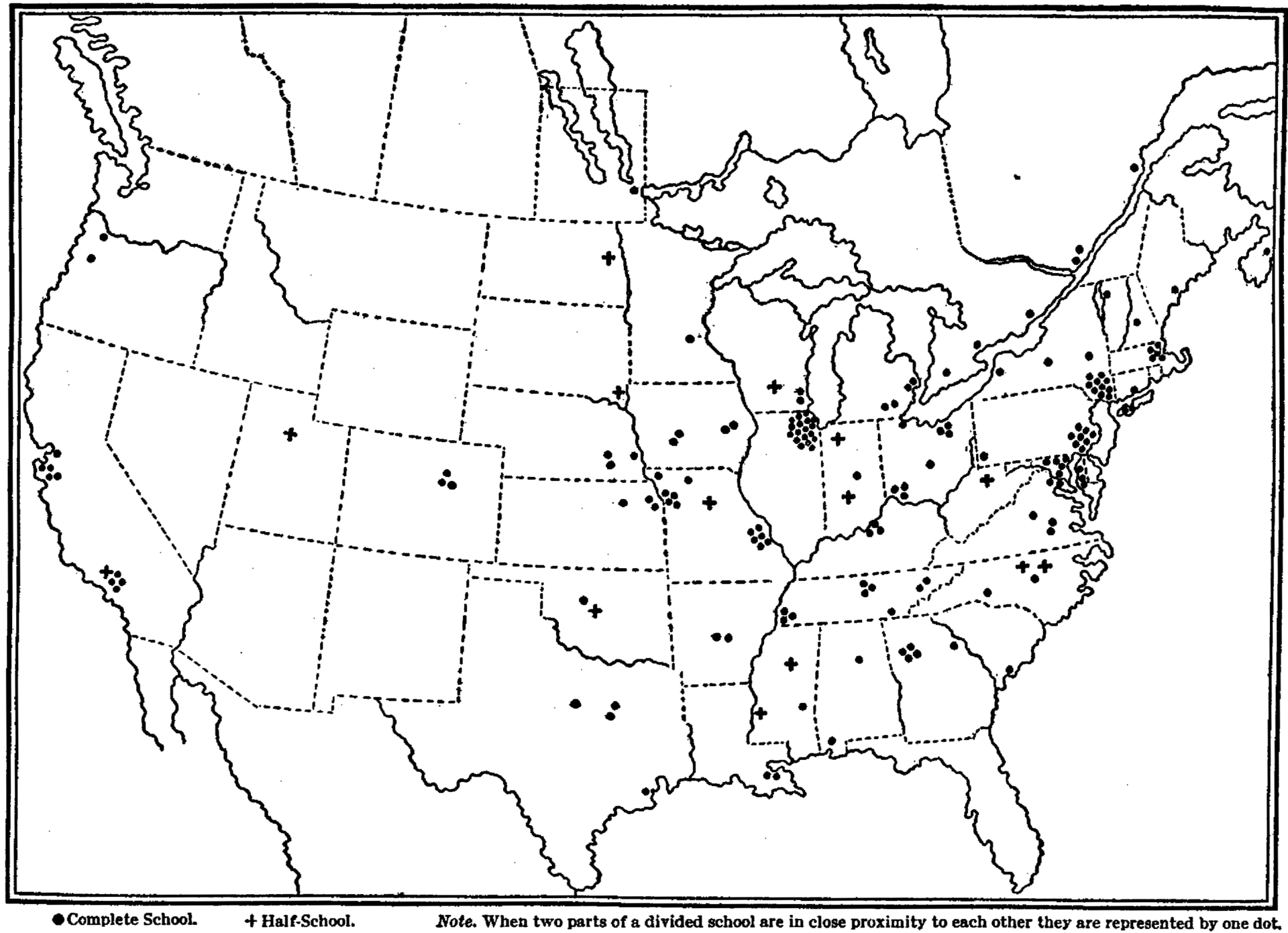 Mapa antiguo de Estados Unidos y Canadá lleno de puntos que marcan las facultades de medicina de 1910