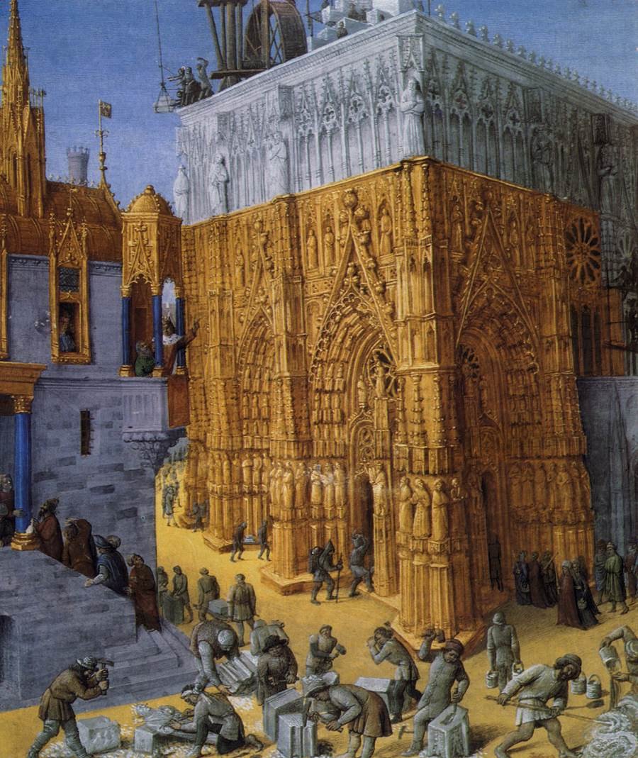 Miniatura medieval de colores: obreros tallan y suben piedras con grúas y andamios alrededor de un gran templo gótico dorado