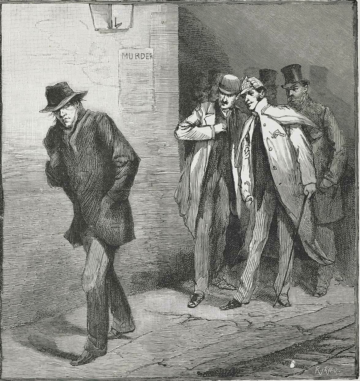 Grabado antiguo de una calle oscura de Londres por la noche, con un hombre con sombrero vigilado por miembros de un comité de vecinos