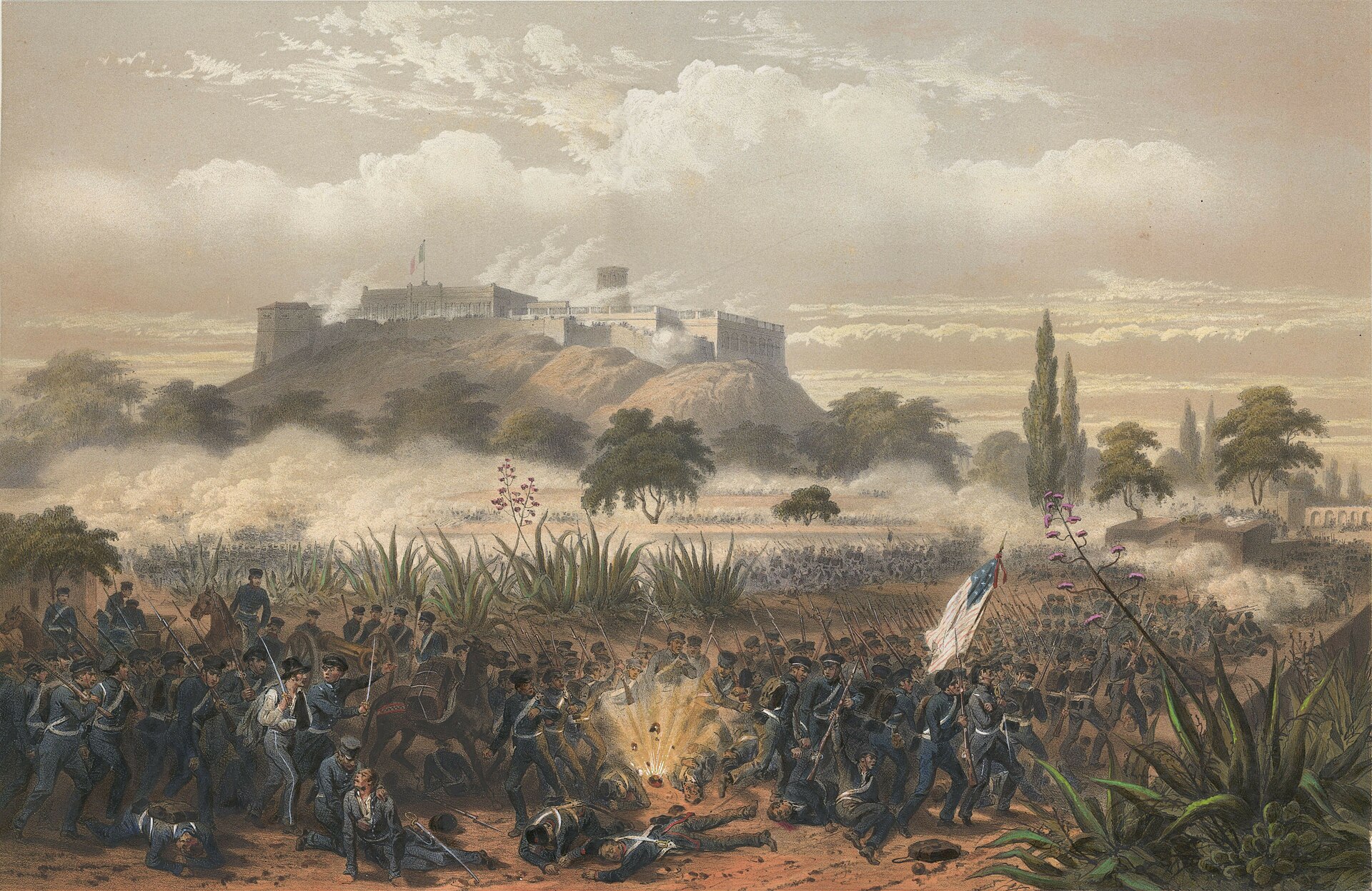 Litografía antigua en color: soldados avanzan entre humo y explosiones hacia un castillo en lo alto de un cerro, con una bandera en la torre