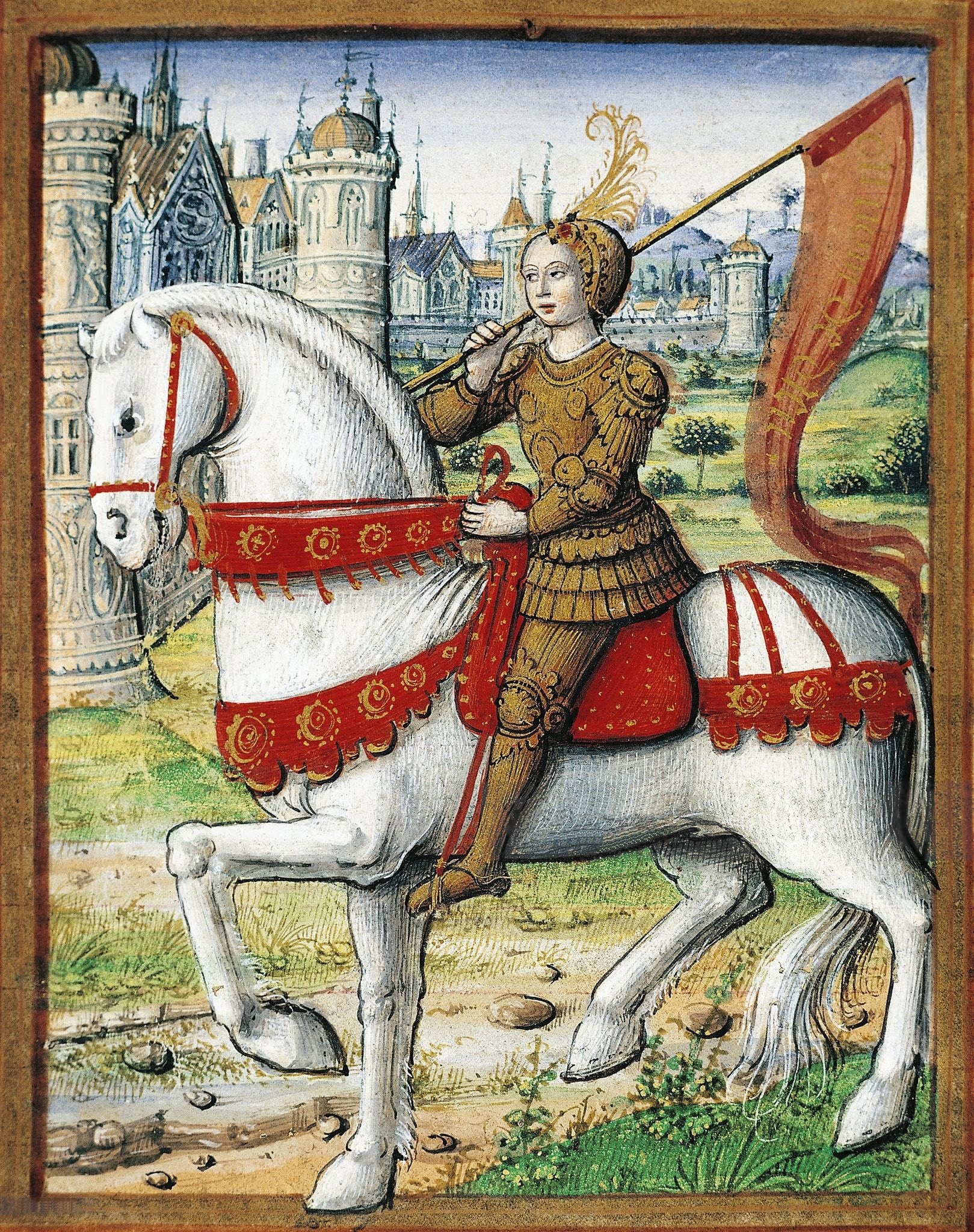 Miniatura antigua de colores de Juana de Arco a caballo, con armadura y un estandarte en la mano