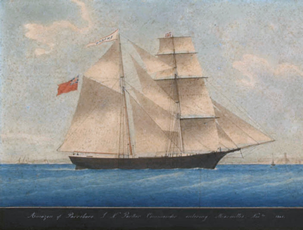 Pintura antigua de un velero de dos palos navegando en mar azul: el Mary Celeste cuando todavía se llamaba Amazon
