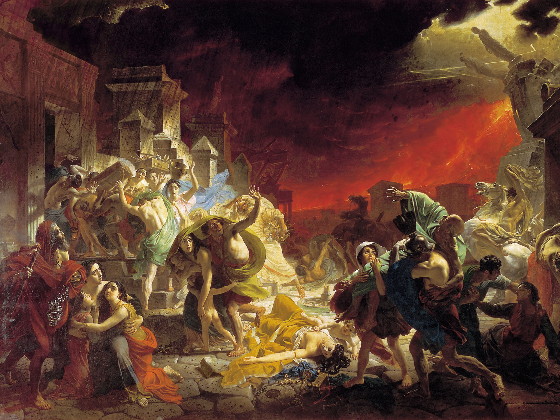 Cuadro del siglo XIX: habitantes de Pompeya huyen aterrados entre edificios que se derrumban bajo un cielo rojo de fuego