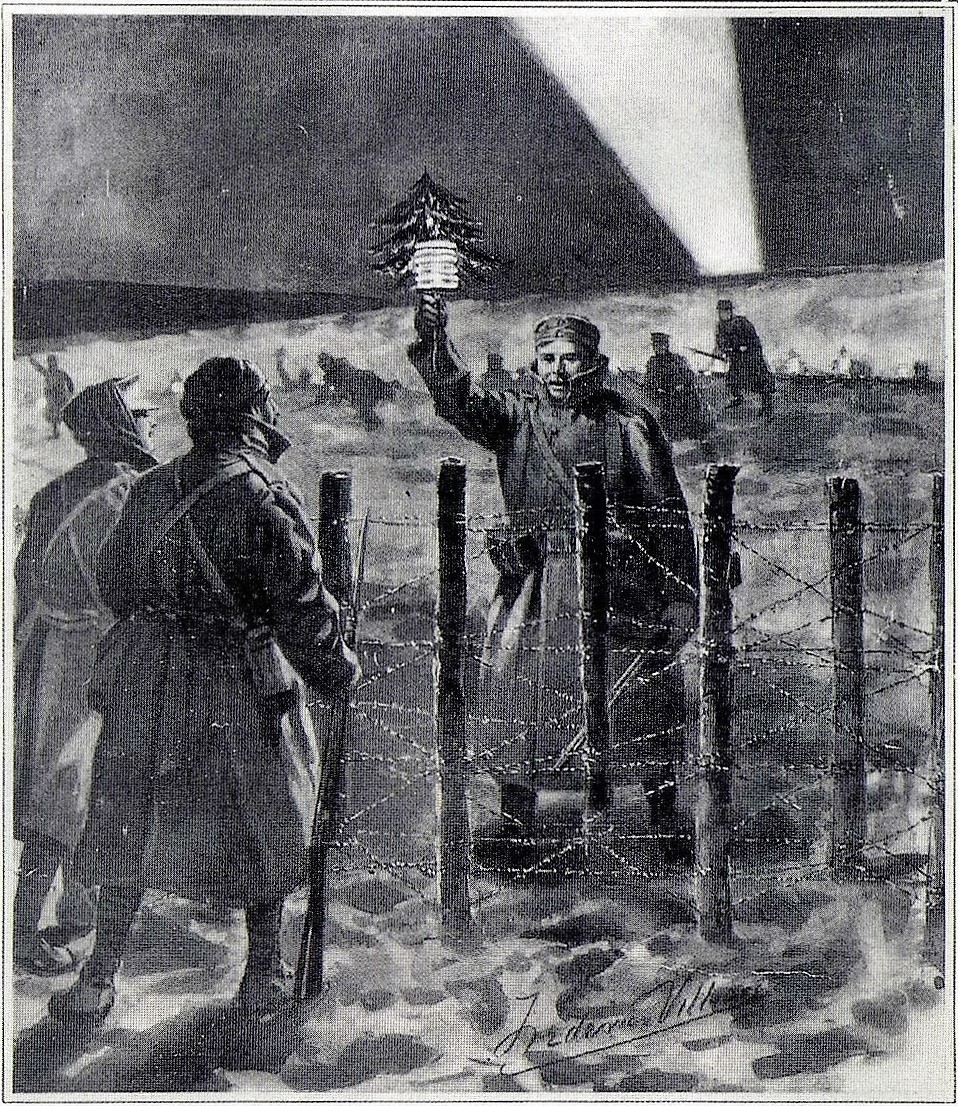 Dibujo antiguo: soldados británicos y alemanes con abrigos largos y cascos se dan la mano y conversan en la nieve, junto a un pequeño árbol